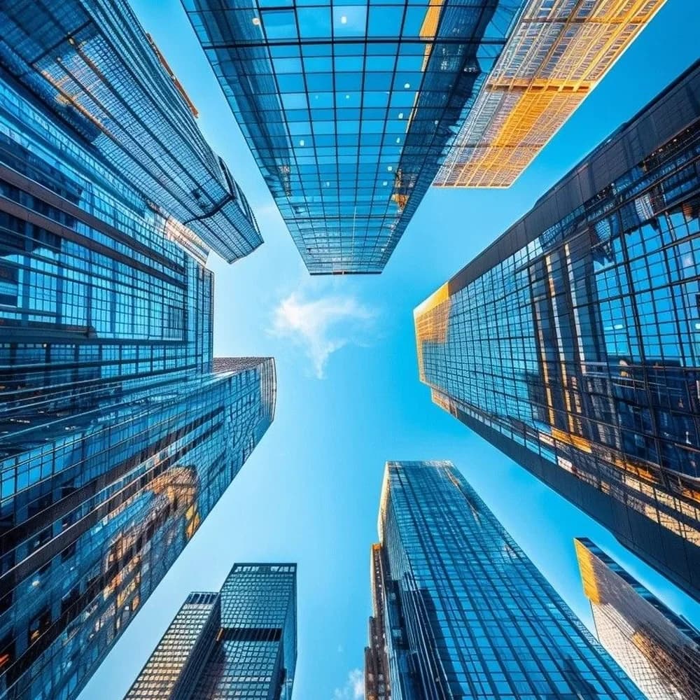Arranha-céus de um distrito financeiro vistos de baixo