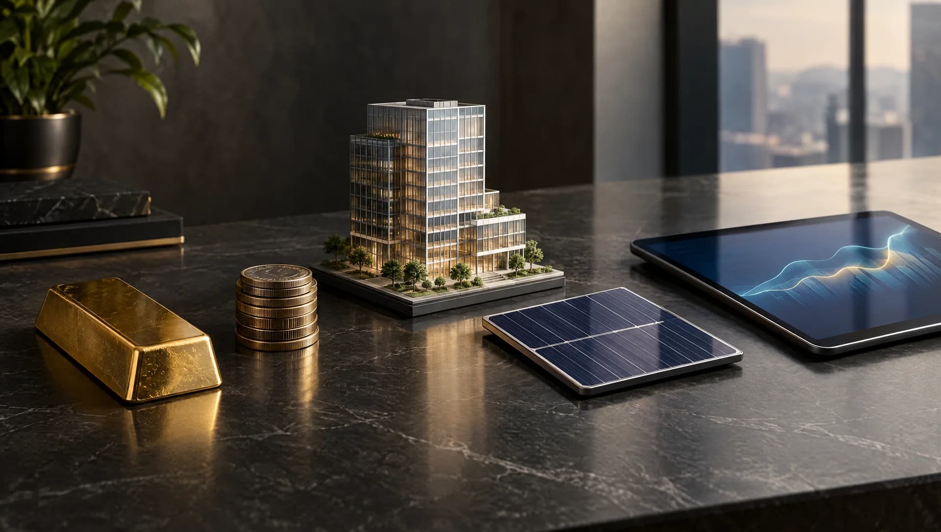 Natureza-morta com barra de ouro, moedas, maquete de edifício, célula solar e tablet sobre mesa escura