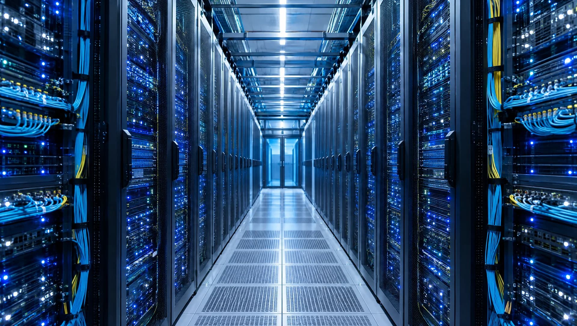 Corredor de data center com racks de servidores e cabos de fibra óptica iluminados em azul