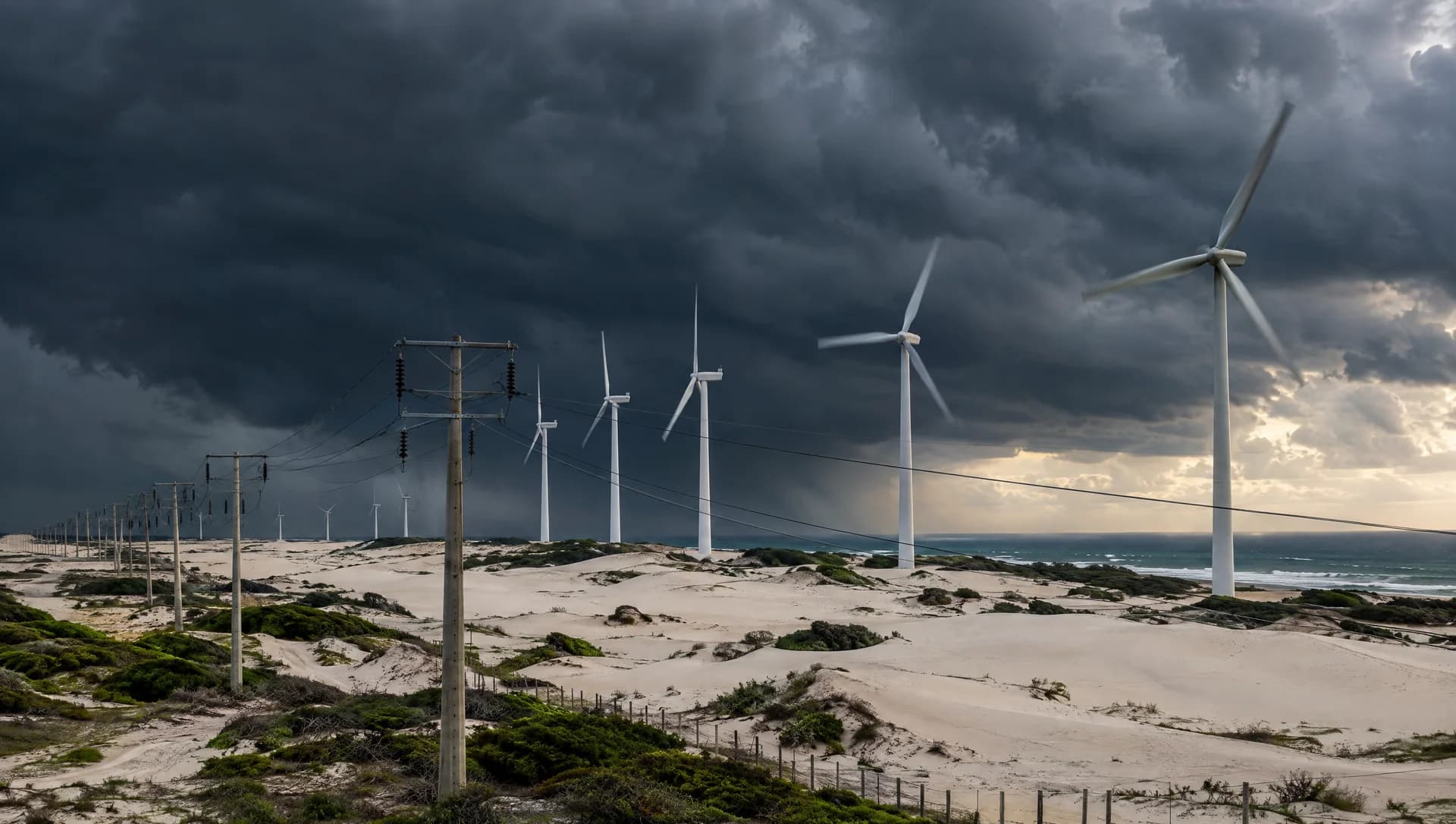 Parque eólico sobre dunas no litoral do Nordeste sob céu de tempestade, com parte das turbinas paradas