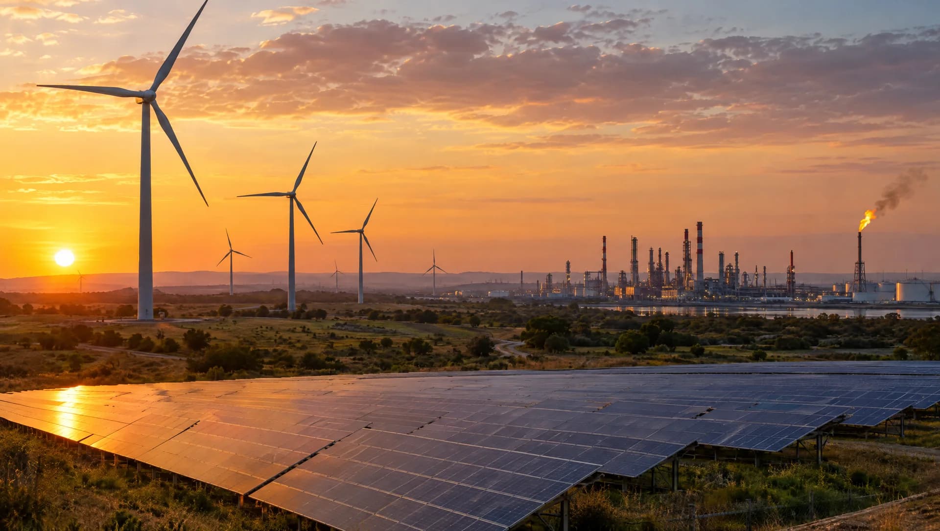 Parque eólico e usina solar em primeiro plano com uma refinaria de petróleo no horizonte ao pôr do sol