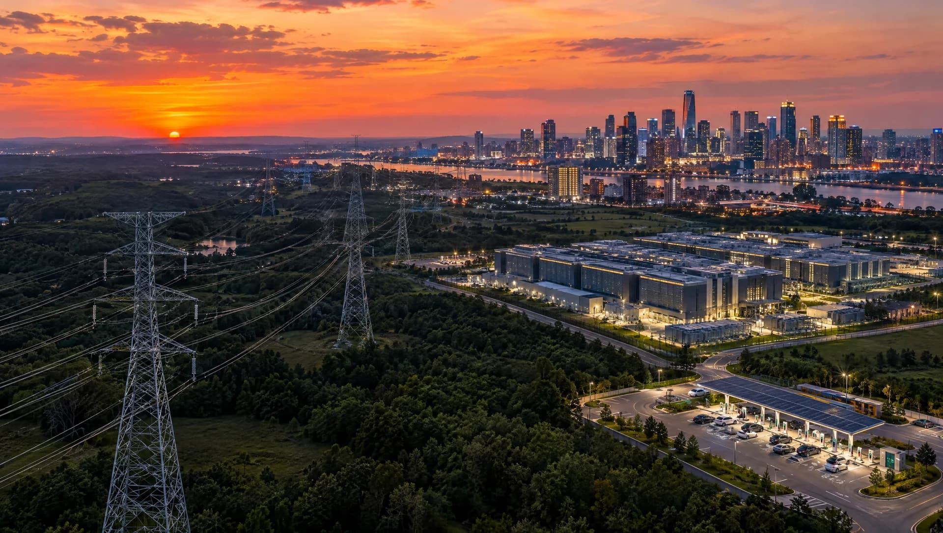 Torres de transmissão ao entardecer cruzando a paisagem em direção a uma cidade iluminada e a um campus de data centers