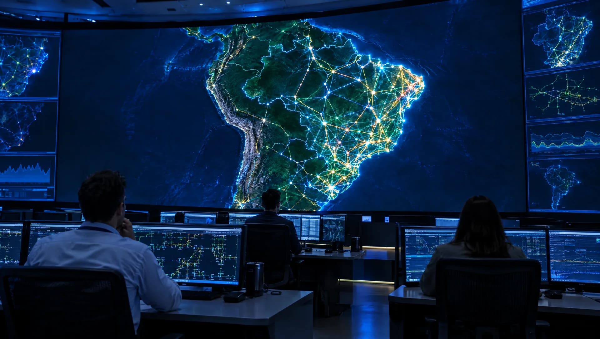 Centro de operação da rede elétrica com operadores diante de um telão com o mapa do Brasil e as linhas de transmissão